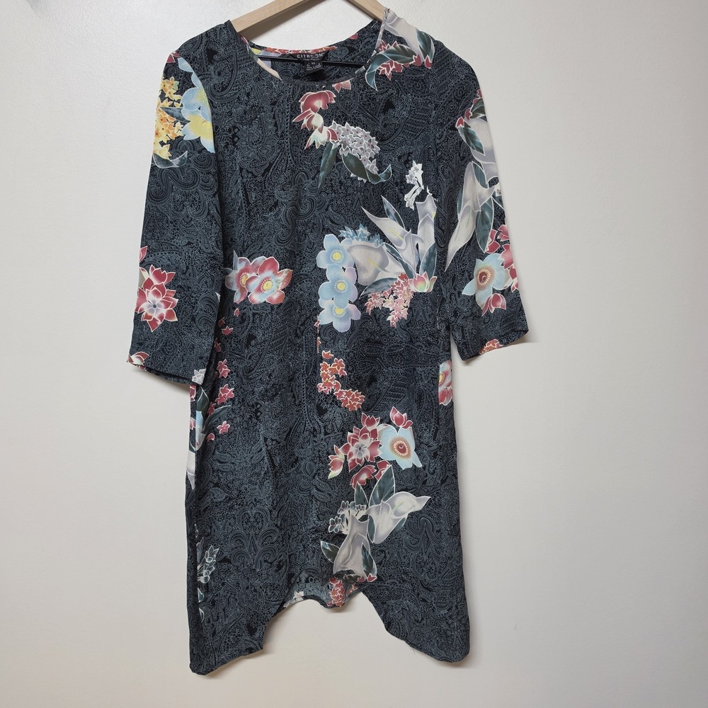 Citron Santa Monica XS 100% Silk Floral Paisley Tunic Dress Asymmetrical Hem